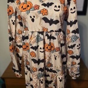 Women's Halloween Long Sleeve Dress with Pumpkins and Ghosts